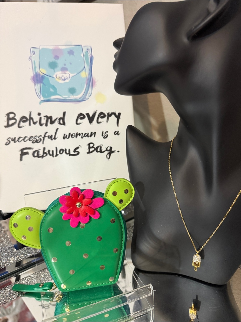 Kate Spade Green Cactus Coin Pouch with Pink Flower & Necklace